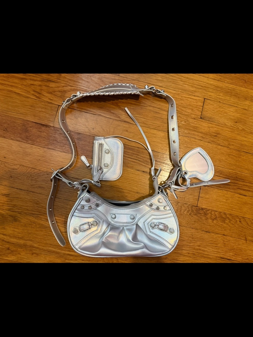 Metallic Silver Shoulder Bag with Matching Pouches - Unbranded